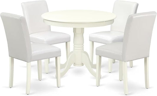 East West Furniture ANAB5-LWH-64 5 Piece Dining Room Table Set Includes a Round Kitchen Table with Pedestal and 4 White Faux Leather Upholstered Parson Chairs, 36x36 Inch, Linen White