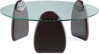 Manhattan Comfort Artesia 2 Piece Set, Round End and Coffee Tables with with Sleek Tempered Glass Top and Solid Wood Base, Living Room Accent Furniture for Modern Homes, Full Collection, Dark Walnut