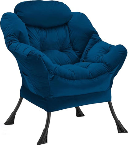 Lazy Chair Thick Padded, Comfy Velvet Accent Lounge Chair with Stable Frame, Leisure Sofa Armchair with Armrests and Side Pocket, Reading Chair for Bedroom, Living Room, Office, Blue