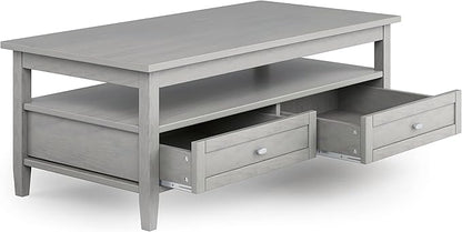 SIMPLIHOME Warm Shaker Coffee Table - 48 inch Wide Solid Wood Cocktail Table in Fog Grey, Transitional Living Room Table with 2 Storage Drawers and Open Shelf for Sitting Area or Lounge