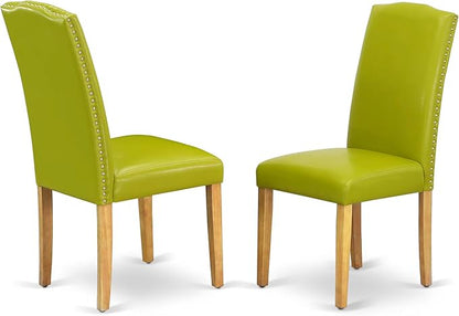 East West Furniture ANEN3-OAK-51 3 Piece Modern Dining Table Set Contains a Round Kitchen Table with Pedestal and 2 Autumn Green Faux Leather Upholstered Chairs, 36x36 Inch, Oak