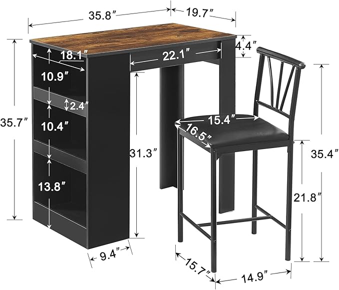 VECELO Small Bar Table and Chairs Tall Kitchen Breakfast Nook with Stools/Dining Set for 2, Storage Shelves, Space-Saving, Black