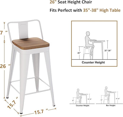 WENTMENT Bar Stools Set of 4 Counter Height Bar Stools Metal Barstools with Removable Back 26" Kitchen Bar Stools with Wooden Seat, White
