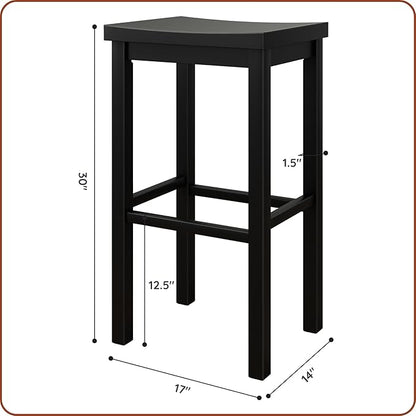 Grain & Grove Smith Collection Set of 2 Solid Wood Bar Stools, 30 inch Saddle-Seat Bar Chairs, Backless, Heavy-Duty Construction, Footrest Support, for Kitchen Islands, Home Bars, and Counters, Black