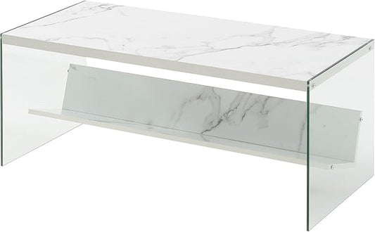Convenience Concepts SoHo Glass Modern Living Storage Shelf, Contemporary Coffee Table for Family Room, 40", Faux White Marble