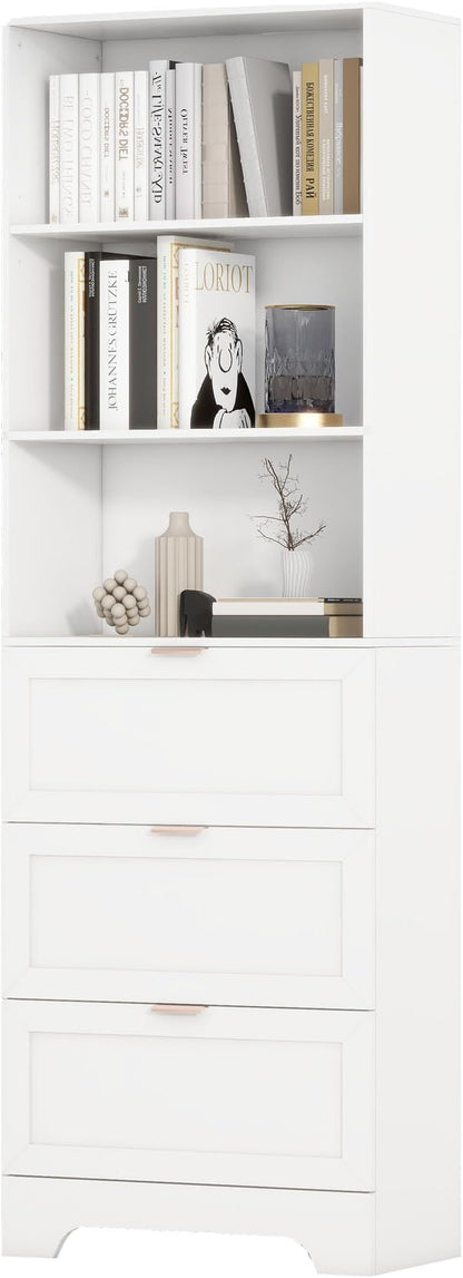 71" Tall Modern White Bookshelf with Storage 3 Drawers Freestanding Display Bookcase, Tall Book Shelf with Organizers and Storage, Display case for Home Office, Living Room,Study,White
