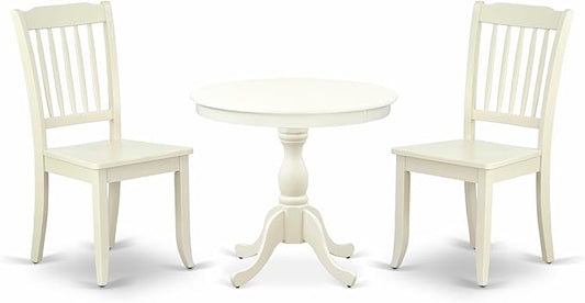 East West Furniture AMDA3-LWH-W 3 Piece Dinette Set for Small Spaces Contains a Round Kitchen Table with Pedestal and 2 Dining Chairs, 36x36 Inch, Linen White
