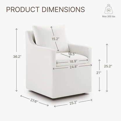 Upholstered Dining Chairs with Casters Washable Cover Side Deskchair with Rollers for Diningroom, Living Room, Cream, 1 Box