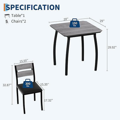 GAOMON Dining Table Set for 2, 3 Piece Small Kitchen Table and 2 Upholstered Chairs with Metal Frame & Wood Grain Tabletop for Small Space, Apartment, Kitchen, Dining Room, Black/Grey