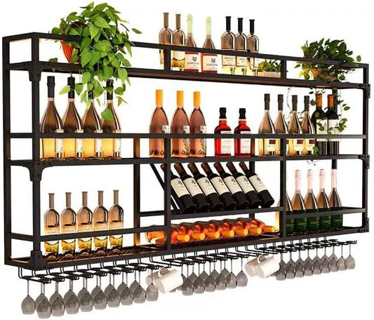 Metal Wall-Mounted Wine Rack with LED Light - 3 Tier Wine Storage Display Rack with Glass Holder - Space-Saving Bottle Display Shelf for Home Bars, Dining Rooms(Black, 59in/150cm)