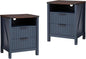 Navy Blue Nightstand with Charging Station Set of 2-20 Inch Wide Farmhouse Fluted Bedside Table with 2 Drawers, Modern Wood End Side Table for Bedroom Study Storage Home