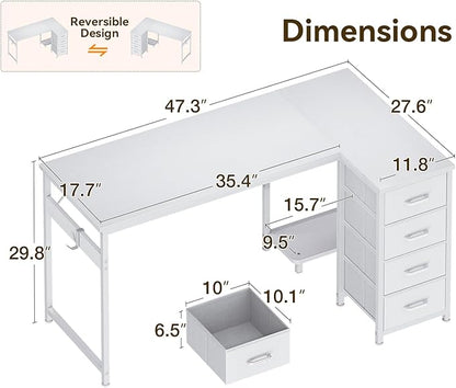 Casaottima L Shaped Desk with 4 Drawers, 47" White Computer Desk with Storage, Reversible Kids Study Table with CPU Stand & Hook, Corner Work Table for Home Office