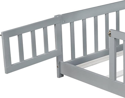 Bellemave Full Floor Bed with Slats and Safety Guardrails, Kids Montessori Floor Beds with Fence and Door, Easy Assemble Floor Bed for Kids, Girls, Boys, Gray