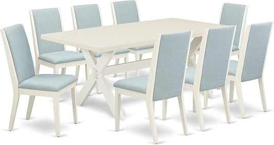 East West Furniture X027LA015-9 9 Piece Dining Set Includes a Rectangle Dining Room Table with X-Legs and 8 Baby Blue Linen Fabric Upholstered Parson Chairs, 40x72 Inch, Multi-Color