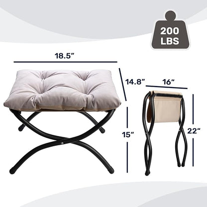 HollyHOME 15"(H) Folding Footrest Stool, Upholstered Small Foldable Ottoman, Accent Padded Sofa Foot Stool for Lazy Chair, Metal Frame Portable Foot Rest Ottoman for Home, Living Room, Bedroom, Grey