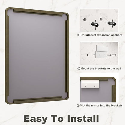 24x36 Inch Bronze Framed Bathroom Mirror, Rectangle Brushed Bronze Metal Vanity Mirror, Small Modern Wall Mirror, Rounded Corner, Tempered Glass, Anti-Rust, Shatterproof (Horizontal/Vertical)