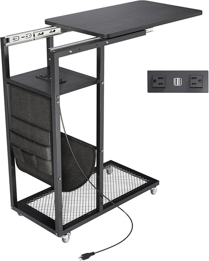 Colima C Shaped End Table with Charging Station (Black, Extra Large)