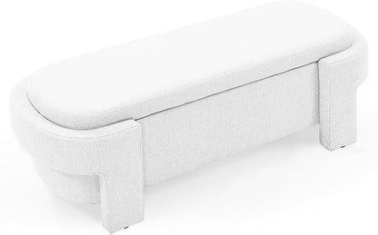 KEIKI 51" Linen Ottoman Bench with Large Storage Space, Upholstered Seating Foot Rest Stool Furniture for Bedroom, Living Room, Entryway, White