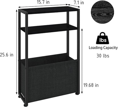 Narrow Side Table, Slim End Tables with Fabric Basket, Skinny Table for Small Spaces, Thin Bedside Table for Living Room, Bedroom (1, Ebony Black + Slate Gray)