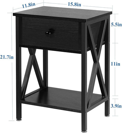 VECELO Nightstands Set of 2, Modern Bedside End Tables, Night Stands with Drawer and Storage Shelf for Living Room Bedroom, Industrial Metal Frame