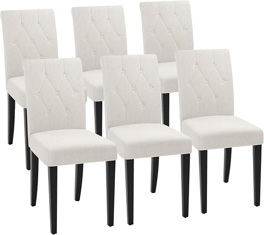 Upholstered Dining Chairs Set of 6, Button Tufted Parsons Dining Chair with Solid Wood Legs, Modern Fabric Side Chair for Dining Room/Kitchen/Restaurant/Hotel- White