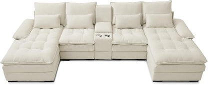 130" U-Shaped Sectional Sofa with Storage Console & Cup Holders, Upholstered 6 Seat Living Room Sleeper Couch Furniture Set w/Chaise, Cloud Cushion Couch for Home, Office, Apartment,Beige