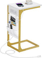 TUTOTAK C Shaped End Table with Charging Station, Side Table for Sofa, Couch Table with Storage Bag, TV Tray Table with 2 USB Ports and Outlets for Living Room, Bedroom, White and Gold TB01BWG024