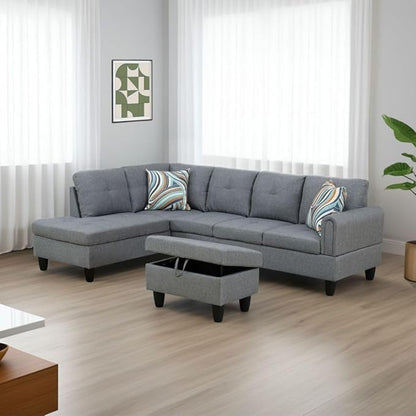 Grey-1 L-Shaped 3-Piece Linen Sofa with Storage Ottoman Set, Sectional Couch Sofa Set for Living Room, Office, Small Space