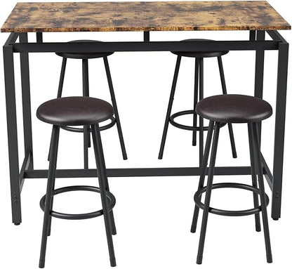 5-Piece Bar Table and Chairs Set, 47.2'' Pub Table Set with 4 Stools, Counter Height Table and Chairs Set of 4 for Breakfast Nook Living Room Small Space Restaurant, Black+Brown