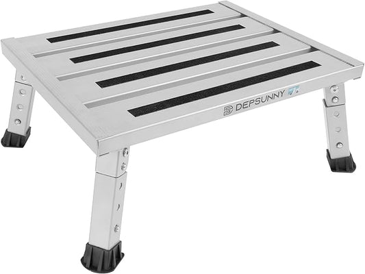 Adjustable Height Aluminum RV Step, Stable Foldable Platform Step Stool, Supports Up to 1,000 lb, Non-Slip Rubber Feet and Platform Mat, Easy to Carry (Silver)