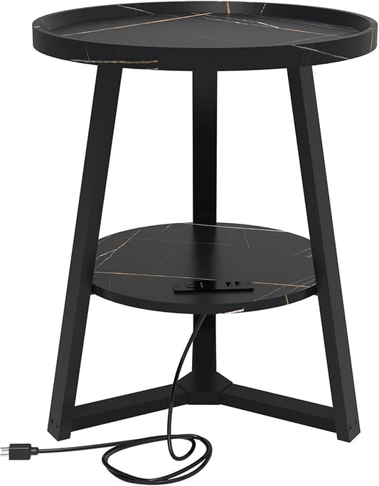 Round End Table with Charging Station, 19.7" Dia x 23.63" H, Side Table with Storage Shelf, for Living Room, Bedroom, Faux Marble Top, Black