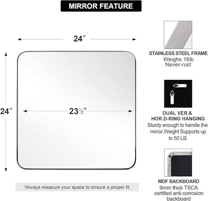 ANDY STAR Square Brushed Nickel Mirror for Bathroom, 24”x24” Silver Metal Frame Wall Mirror, Rounded Corner Stainless Steel Mirror Hangs Horizontal Or Vertical