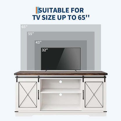 GarveeHome Farmhouse TV Stand for TV up to 65 Inches and Entertainment Center with Sliding Barn Doors, Tv Media Console Table with Storage Cabinet for Living Room, Bedroom, White & Brown