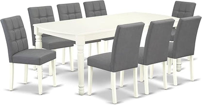 East West Furniture DOAS9-LWH-41 9 Piece Dining Table Set Includes A Kitchen Table and 8 Platinum Gray Polyester Fabric Person Chairs with Stylish Back- Linen White Finish