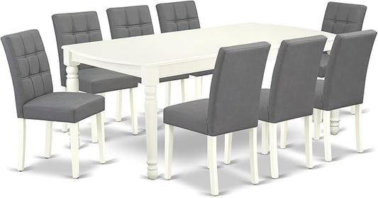 East West Furniture DOAS9-LWH-41 9 Piece Dining Table Set Includes A Kitchen Table and 8 Platinum Gray Polyester Fabric Person Chairs with Stylish Back- Linen White Finish