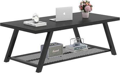 FOLUBAN Black Coffee Table, Modern Rustic Wood and Metal Living Room Table with Storage Shelf, Industrial Rectangle Cocktail Tea Table, 47 Inch
