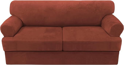 H.VERSAILTEX Sofa Cover 3 Piece T Cushion Loveseat Slipcovers Thick Velvet Couch Cover Stretch T Cushion Sofa Covers for 2 Cushion Couch with 2 Individual T Cushion Covers Washable, Rust