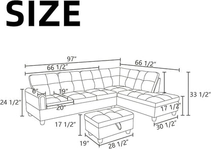 NAYSAYE Sectional Couch with Ottoman Storage, L Shaped Couch Sofa Furniture Sets, Modern Comfy Modular Comfy Sofa for Living Room Bedroom, Office and Apartment, Grey