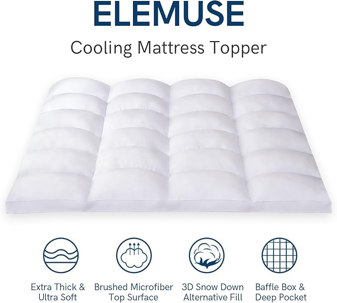 ELEMUSE King Mattress Topper for Back Pain, Extra Thick Mattress Pad Cover, Plush Soft Pillowtop with Elastic Deep Pocket, Overfilled Down Alternative Filling