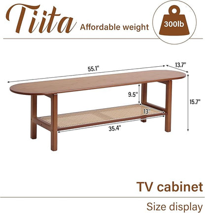 Tiita TV Stand with Storage for TV up to 65 inch, Bamboo Rattan TV Console Entertainment Center with 2 Open Shelf, Mid Century Modern Media Console for Living Room, Bedroom, Walnut