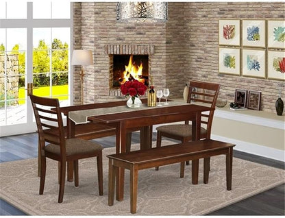 East West Furniture MILA5C-MAH-C 5 Piece Dining Set Includes a Rectangle Dining Room Table with Butterfly Leaf and 2 Linen Fabric Kitchen Chairs with 2 Benches, 36x54 Inch, Mahogany