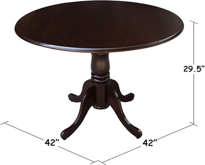 IC International Concepts, 42" Round Dual Drop Leaf Pedestal Dining Table, Solid Real Wood, Sturdy Parawood, Rich Mocha