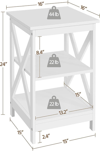 Yaheetech End Tables Set of 2, 3-Tier Side Tables with Storage for Living Room, Sturdy X Design Wooden Large Sofa Side Table Storage Cabinet with Shelves, 16x16x24’’(LxWxH), White