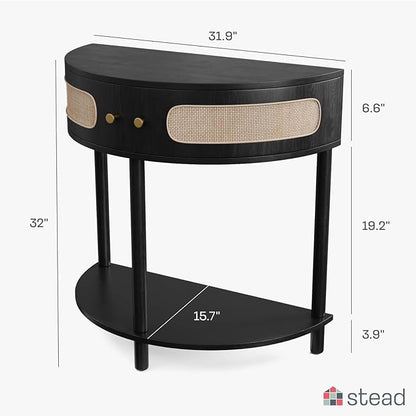 Entryway Table Rattan Half-Moon Console - Semicircular Black Oak & Natural Cane with Brass Knobs - Console Table with Storage & Narrow Curved Design for Entryway & Living Room Decor