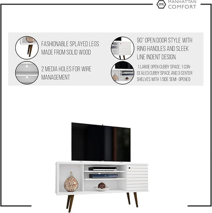 Manhattan Comfort Liberty Mid Century Modern TV Stand for Televisions up to 50 Inches, Bedroom and Living Room Entertainment Center with Storage, Shelves, and Cabinet, 53" Wide, White