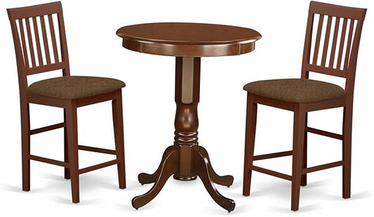 East West Furniture EDVN3-MAH-C 3 Piece Counter Set for Small Spaces Contains a Round Dining Room Table with Pedestal and 2 Linen Fabric Upholstered Chairs, 30x30 Inch, Mahogany