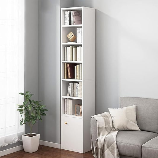 IOTXY Small Narrow Corner Bookcase - 71 Inches Tall Gap Freestanding Storage Cabinet, 7 Lattices Open Shelves Tower Rack with Door, Cubes Bookshelf in White