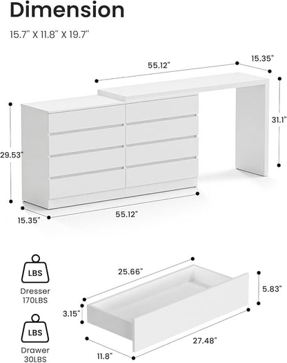 8 Drawer Vanity Dresser Combo with Extendable Table & L-Shaped Desk, White MDF Large Dresser for Bedroom, Adjustable Makeup Dressing Table with Wide Storage, Desk and Vanity Combo for Small Spaces
