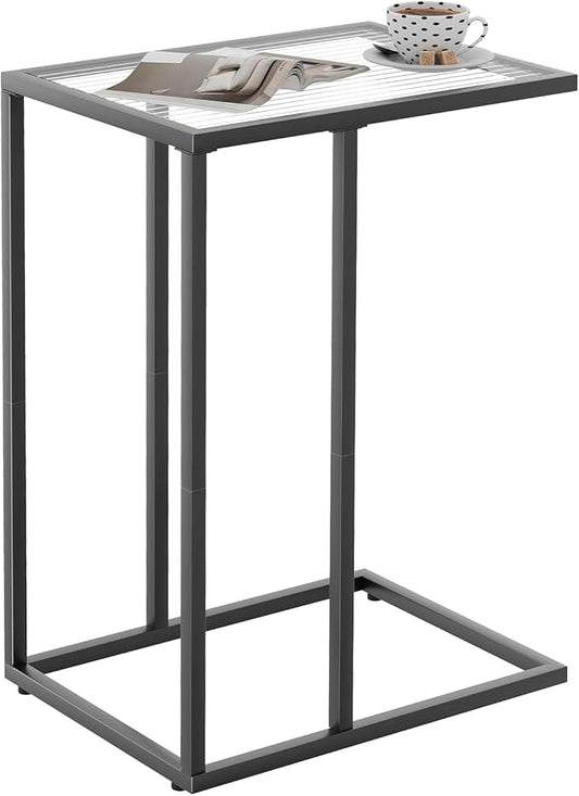 C Shaped End Table, Glass Couch Side Tables for Living Room, Small Modern Sofa Table with Metal Frame, TV Tray Table for Bedroom, Office, Small Space, Black