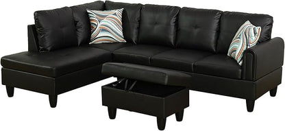 L Shaped Couch Faux Leather Sectional Couch Upholstered 3 Pieces Sofas for Living Room with Chaise, Storage Ottoman for Office and Small Apartment, Classic Black